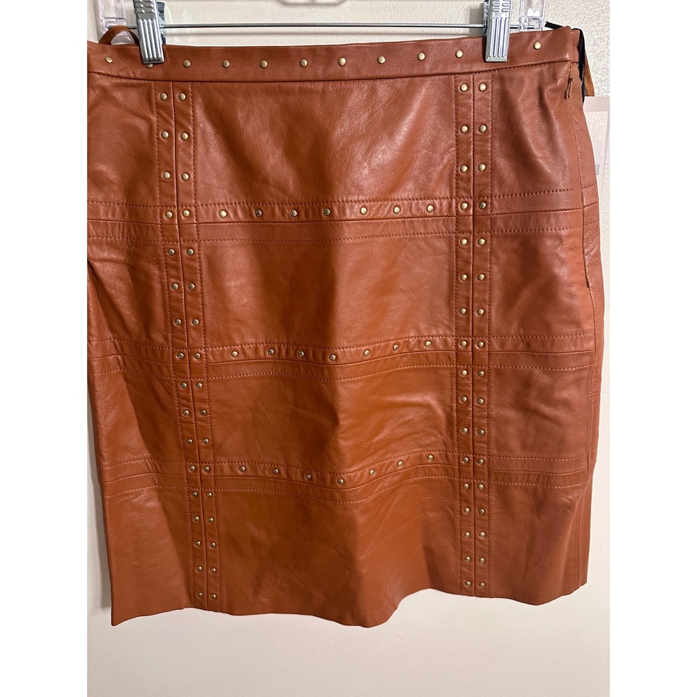 Worth New York Luggage Brown Genuine Leather Studded Pencil Skirt 8 C161SK20-08